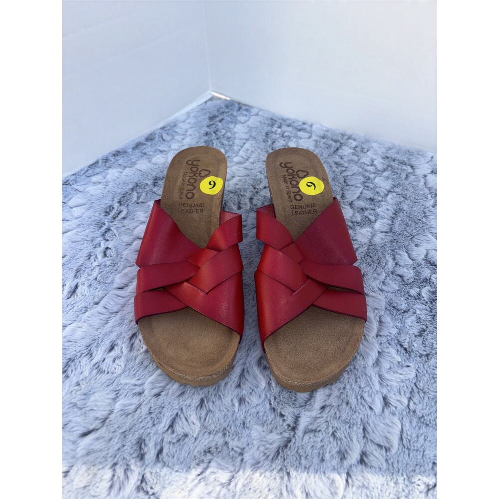 Yokono Red Leather Criss Cross 2 1/2 inch Slide Slip On Wedge Size 9 Spain New